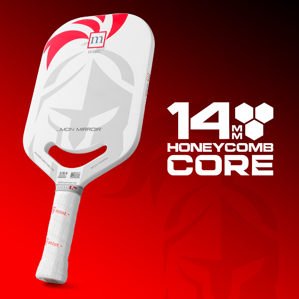 White pickleball paddle with red accents on a red background, featuring '14 M Honeycomb Core' text.