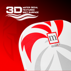 Red and white sports paddle with 'mint' brand logo on a red background, featuring text about 3D water decal textured grit surface.