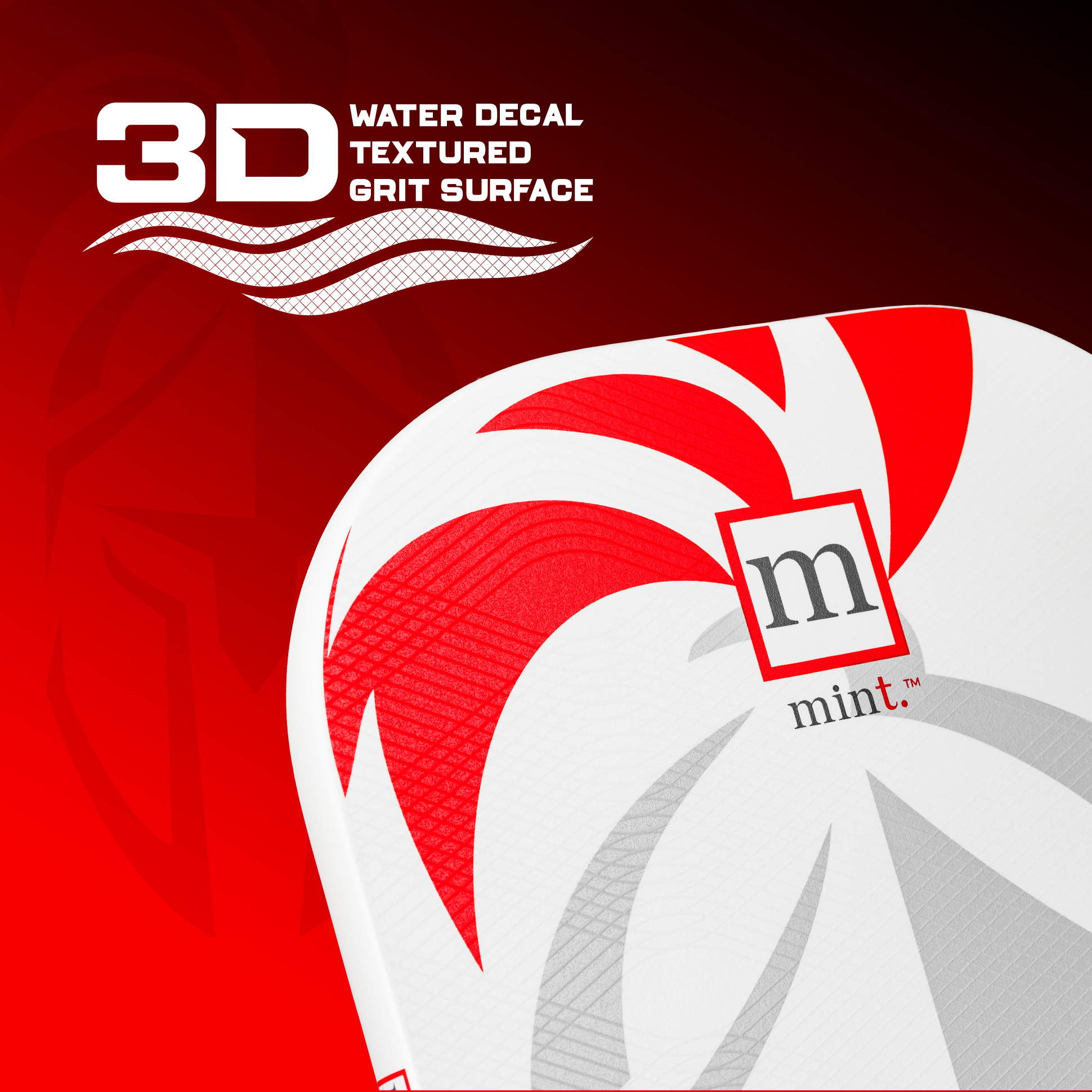 Red and white sports paddle with 'mint' brand logo on a red background, featuring text about 3D water decal textured grit surface.