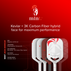 Paddle with Kevlar + 3K Carbon Fiber hybrid face on a red background, featuring the mint brand.