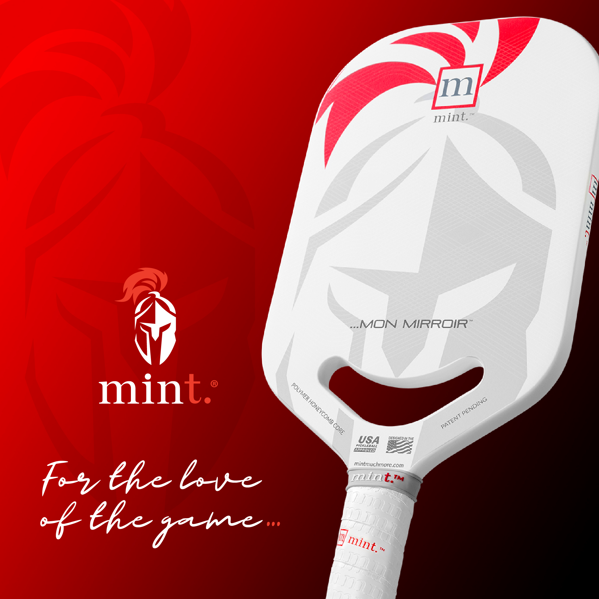 White paddle with red accents on a red background, featuring the 'mint' brand.