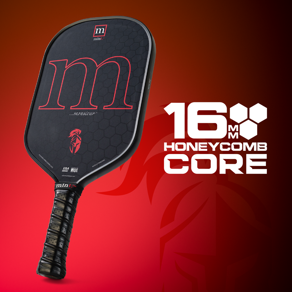 Pickleball paddle with 'm' branding on a red background