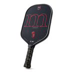 Black pickleball paddle with red letter 'm' on a white background