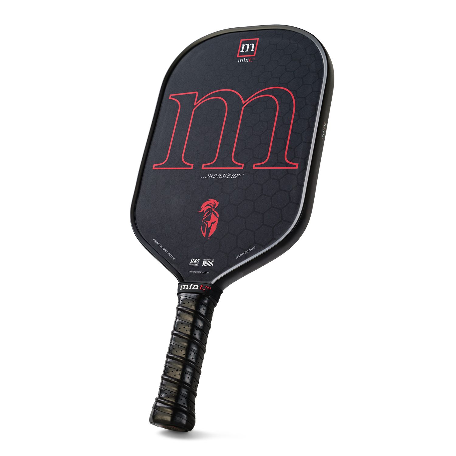 Black pickleball paddle with red letter 'm' on a white background