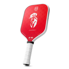 Red pickleball paddle with white handle on a white background