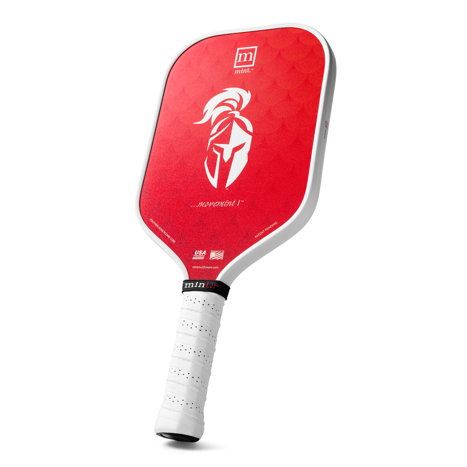 Red pickleball paddle with white handle on a white background
