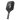 Black pickleball paddle with a white logo on a white background