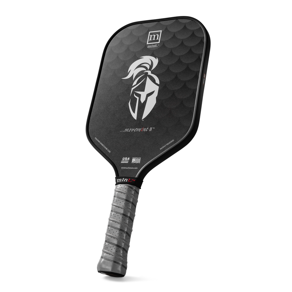 Black pickleball paddle with a white logo on a white background