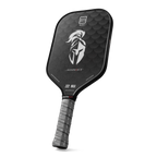 Black pickleball paddle with a white logo on a white background