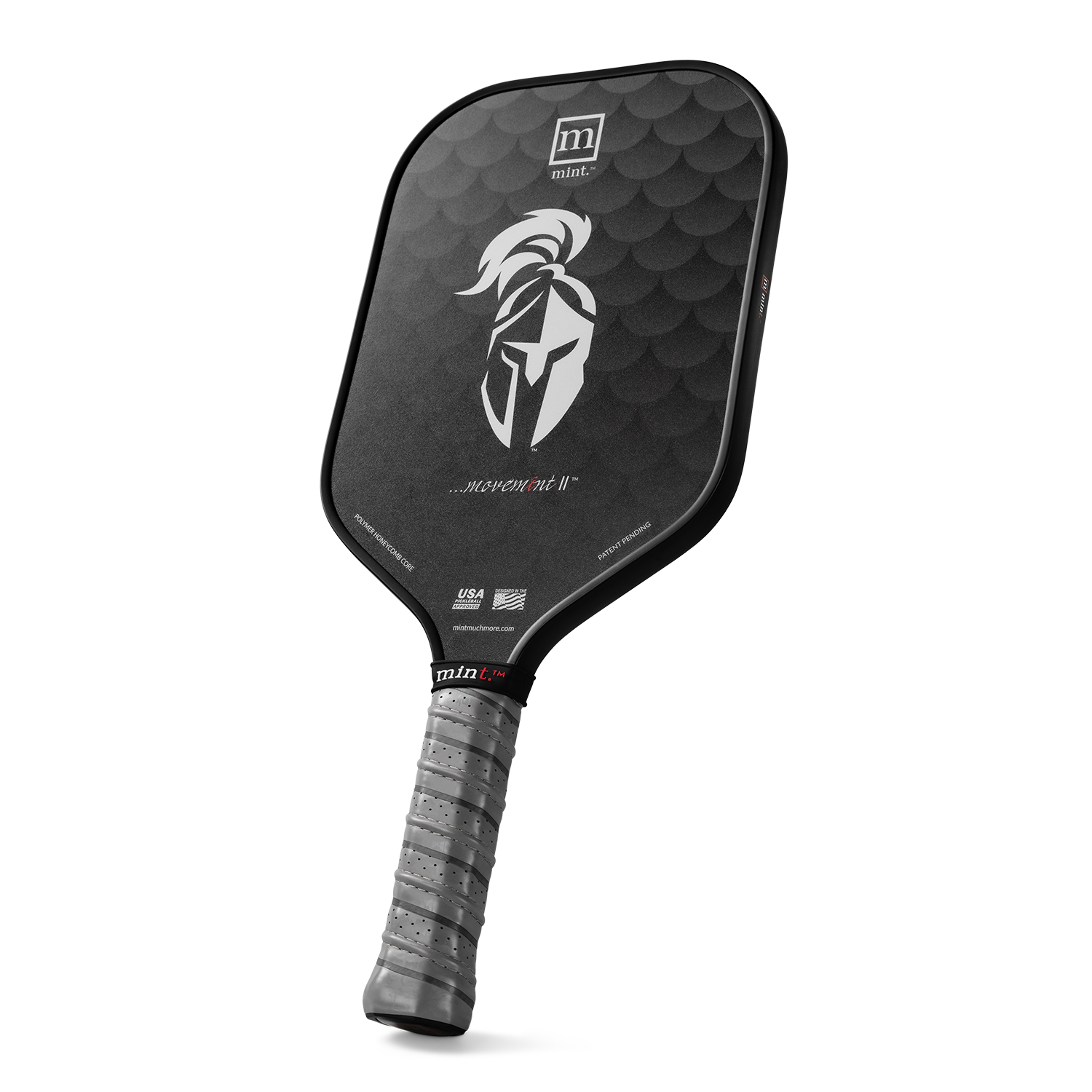 Black pickleball paddle with a white logo on a white background