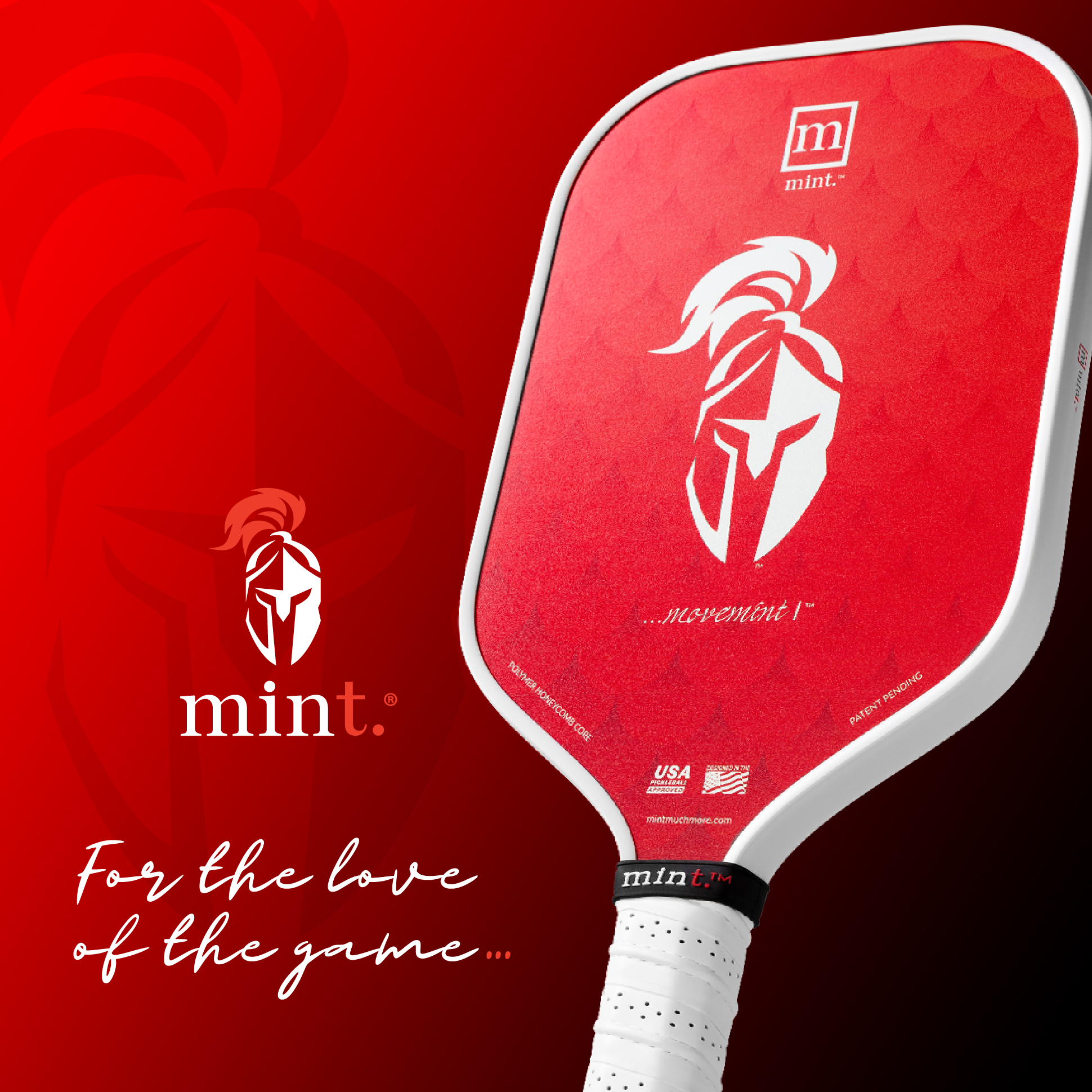 Red pickleball paddle with white logo on a red background, featuring the brand 'mint'.
