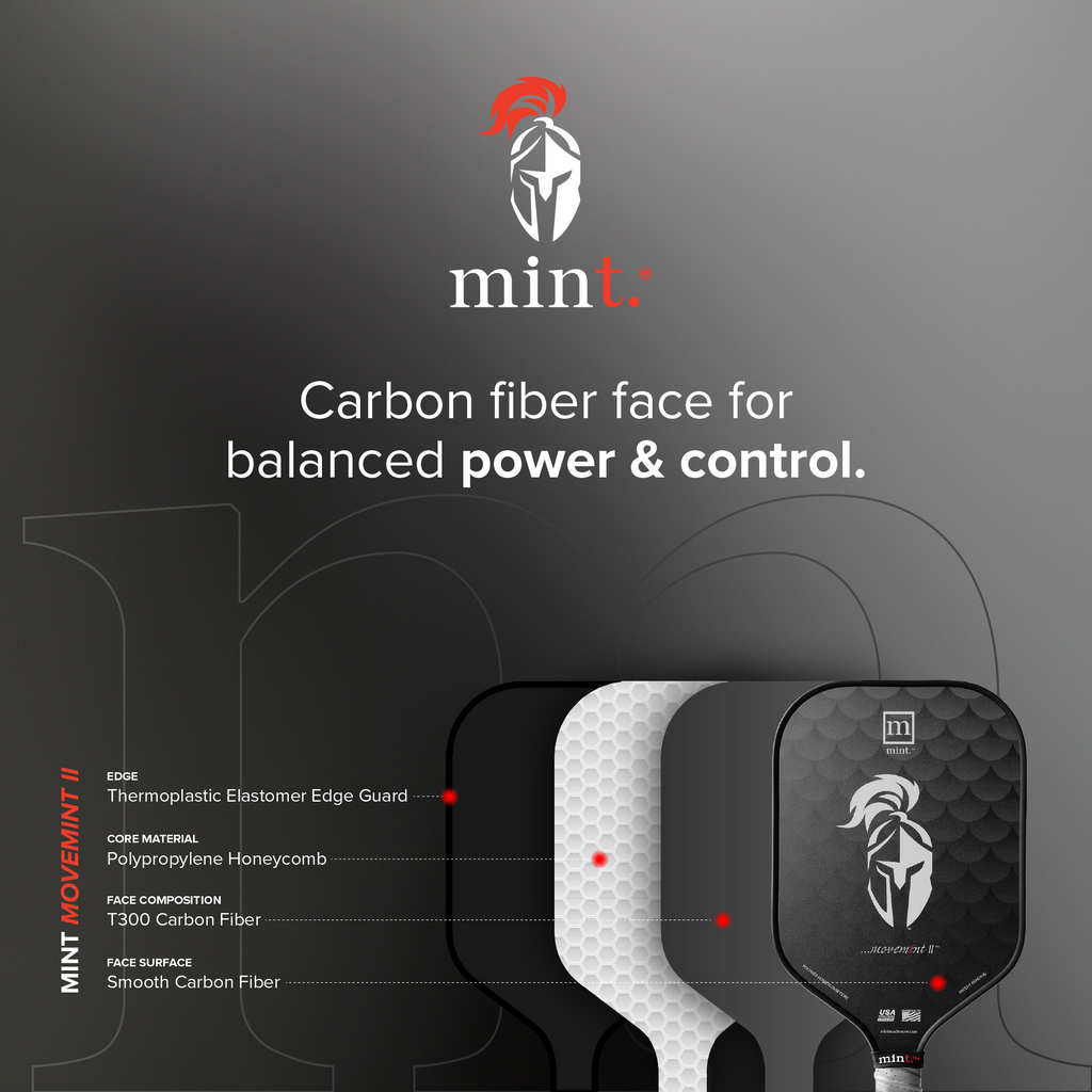 Advertisement for mint pickleball paddles with carbon fiber face features on a dark background