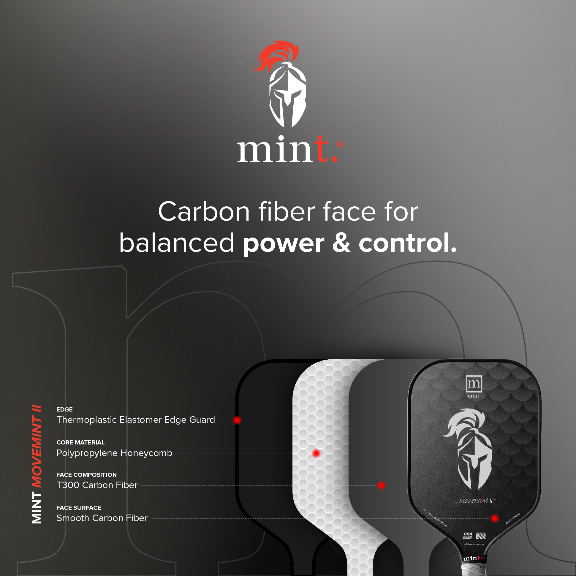 Advertisement for mint pickleball paddles with carbon fiber face features on a dark background