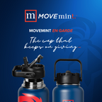 Two blue water bottles with black lids on a blue background featuring the Move Mint brand.