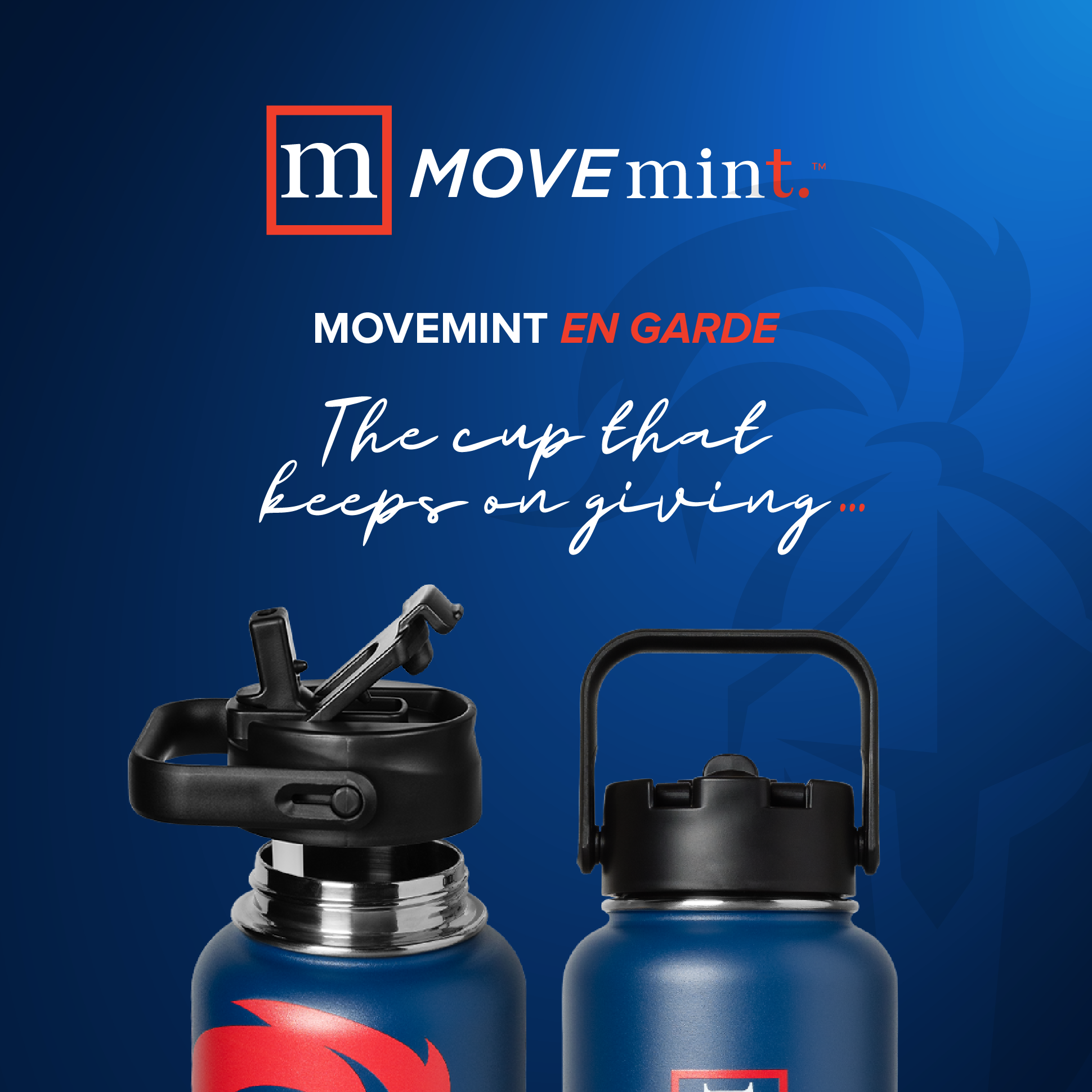 Two blue water bottles with black lids on a blue background featuring the Move Mint brand.