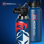 Blue water bottle with red and white logo and 'm' MOVEmint logo on a blue background