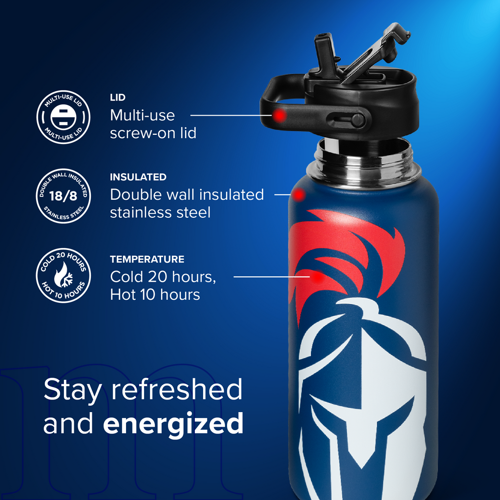 Blue insulated water bottle with a brand logo on a blue background