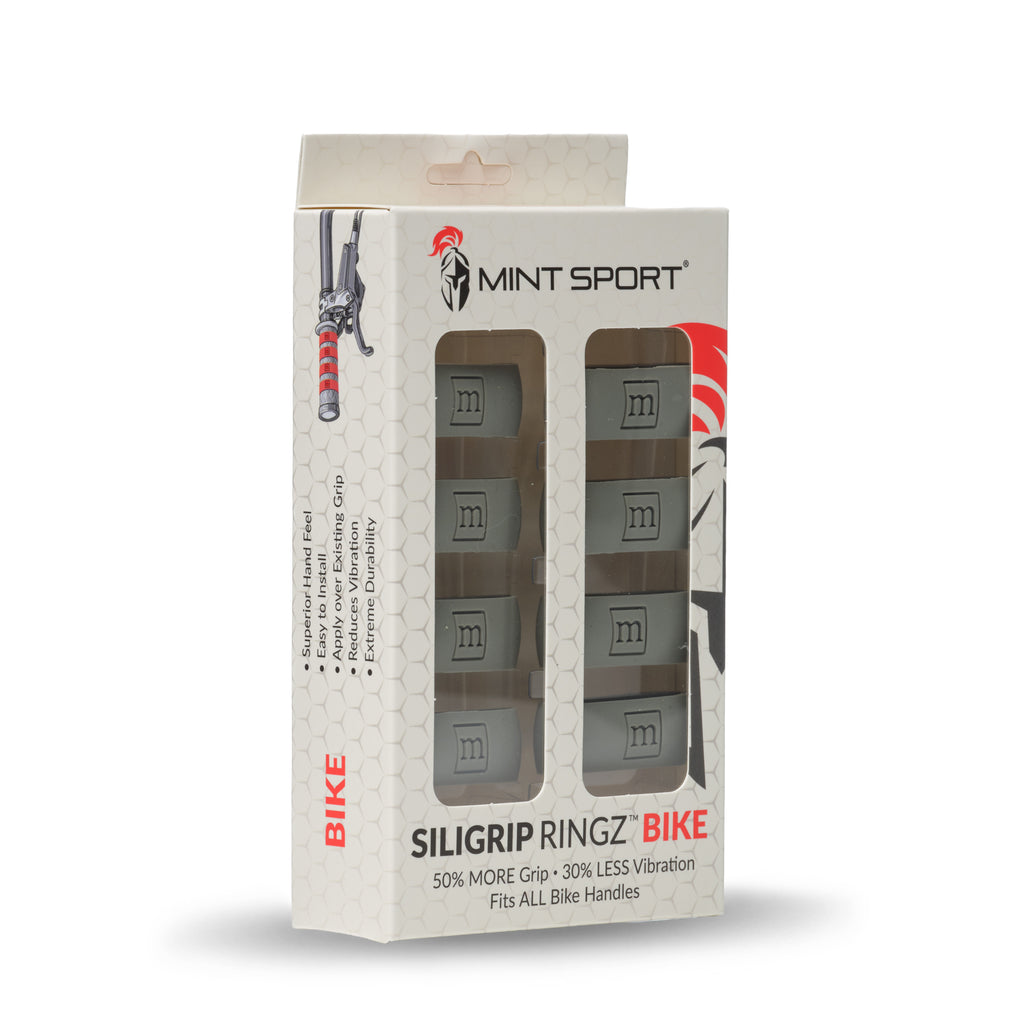Packaging of gray Mint Sport Siligrip Ringz Bike on a white background