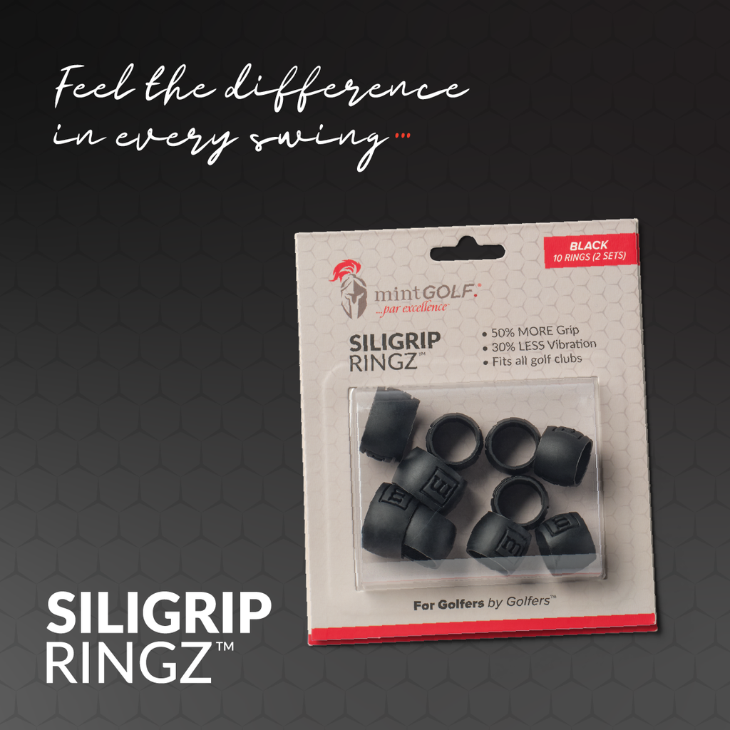 Package of mintGOLF Siligrip Ringz golf club grip enhancers on a dark background with text.