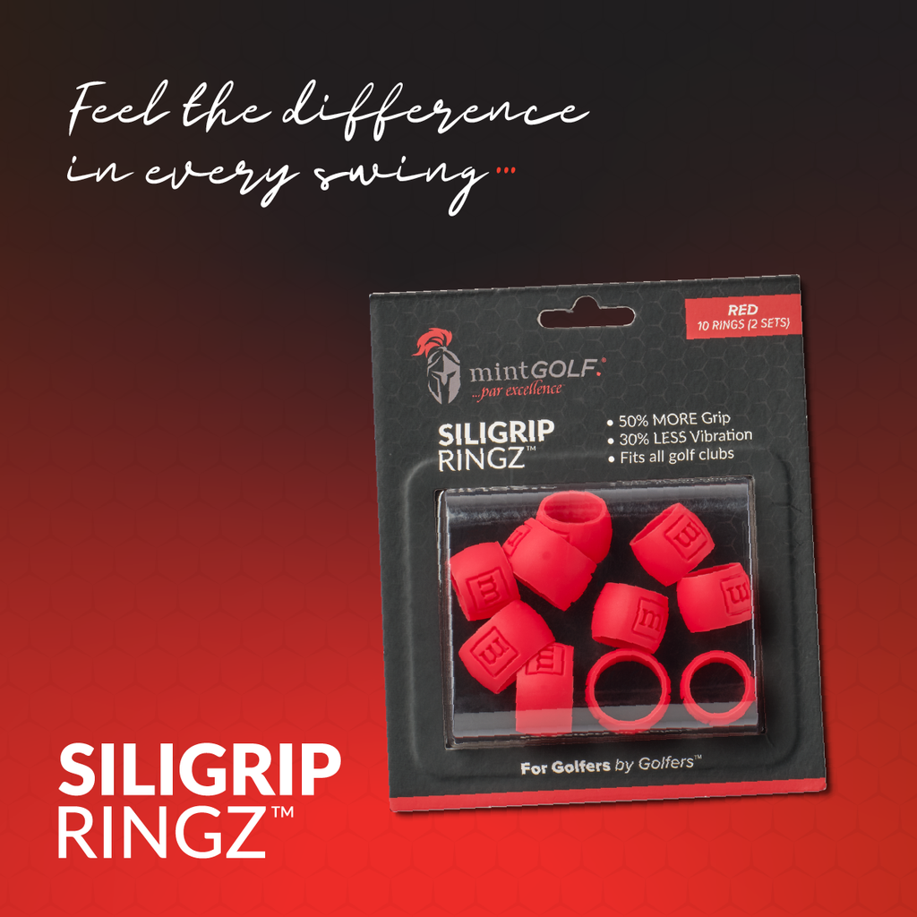 Packaging of SILIGRIP RINGZ golf grip enhancers with red rings on a gradient background.