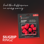 Packaging of SILIGRIP RINGZ golf grip enhancers with red rings on a gradient background.