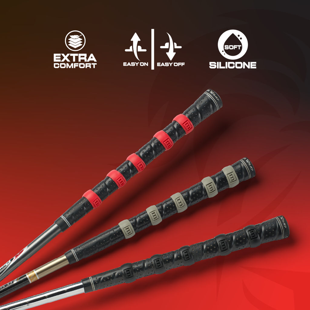 Golf grips with branding on a red background