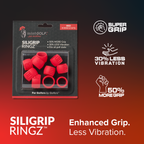 Packaging of Siligrip Ringz with product details on a gradient red and black background