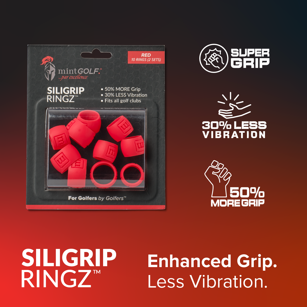 Packaging of Siligrip Ringz with product details on a gradient red and black background