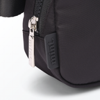 Close-up of a black-colored Mint Sport belt bag with a zipper on a white background