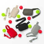 Various Mint Sport belt bags in different colors with red indoor and green outdoor Cannonballz pickleball balls on a white background