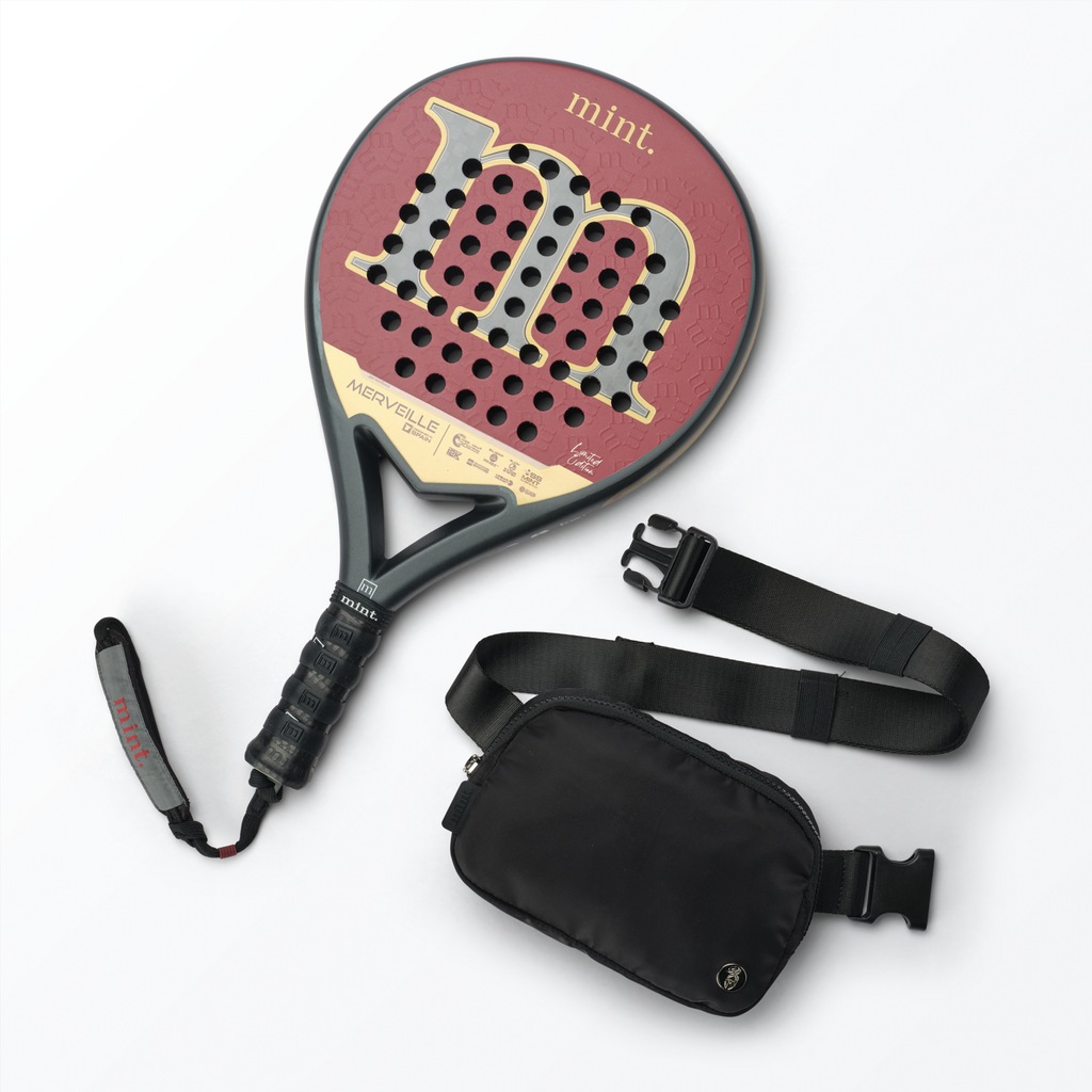 Mint Sport Merveille padel racket with black belt bag on a white background
