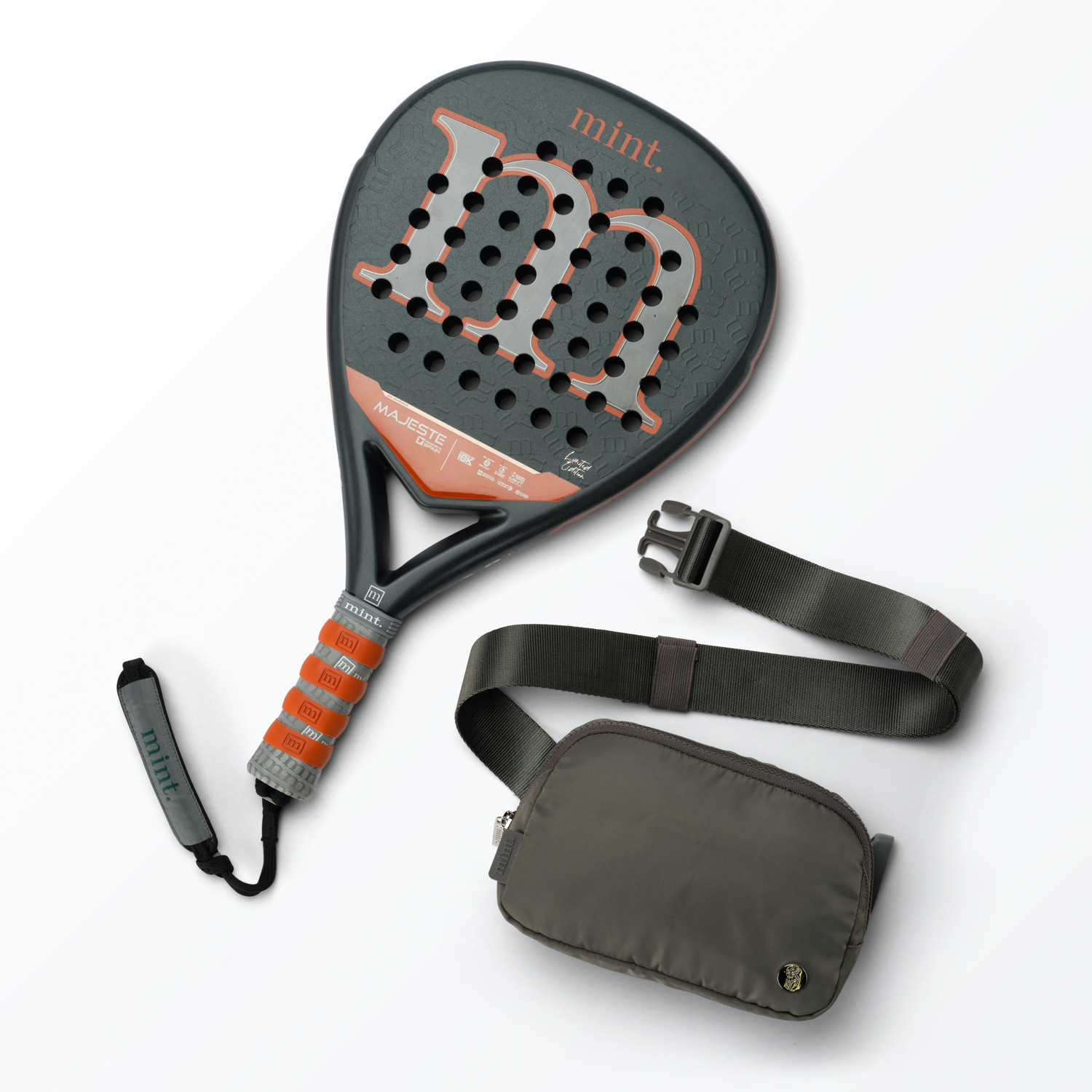 Mint Sport Majeste padel racket with gray belt bag on a white background