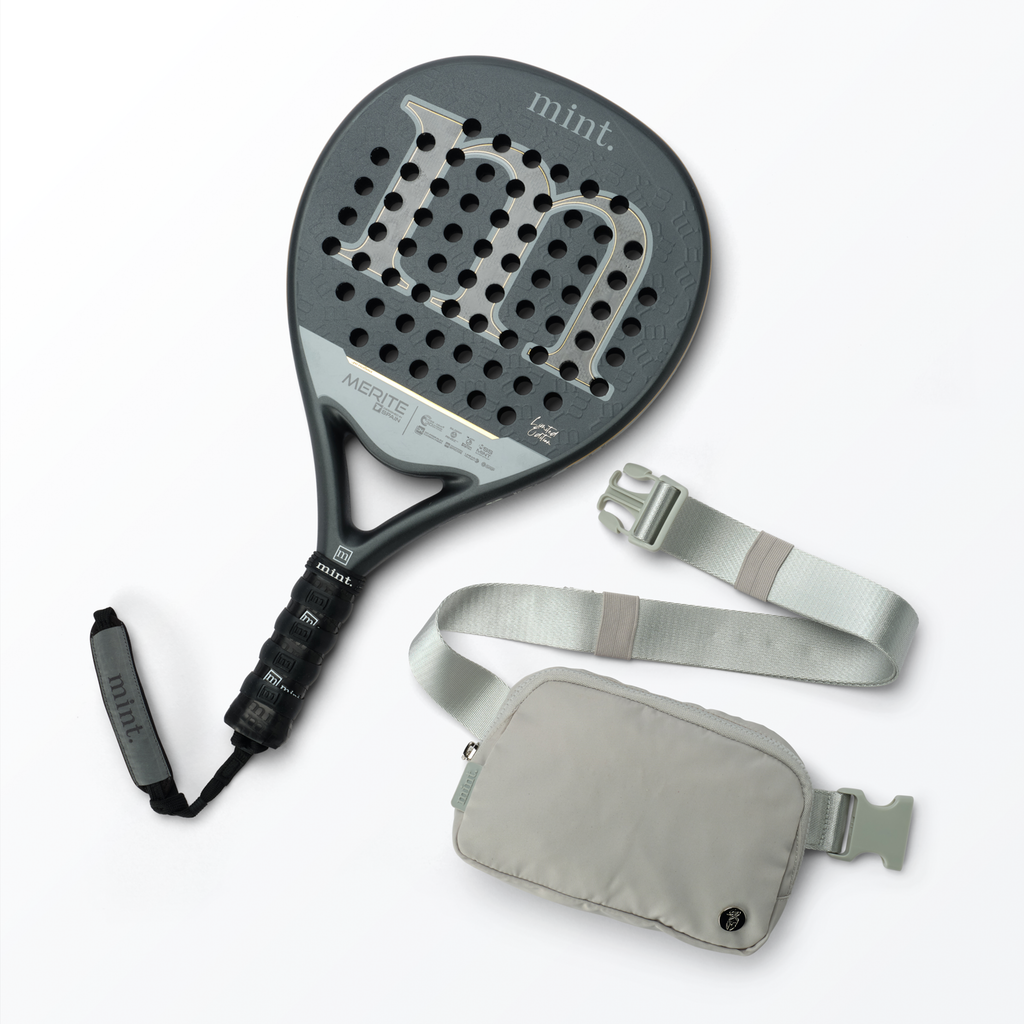 Mint Sport Merite padel racket with white belt bag on a white background