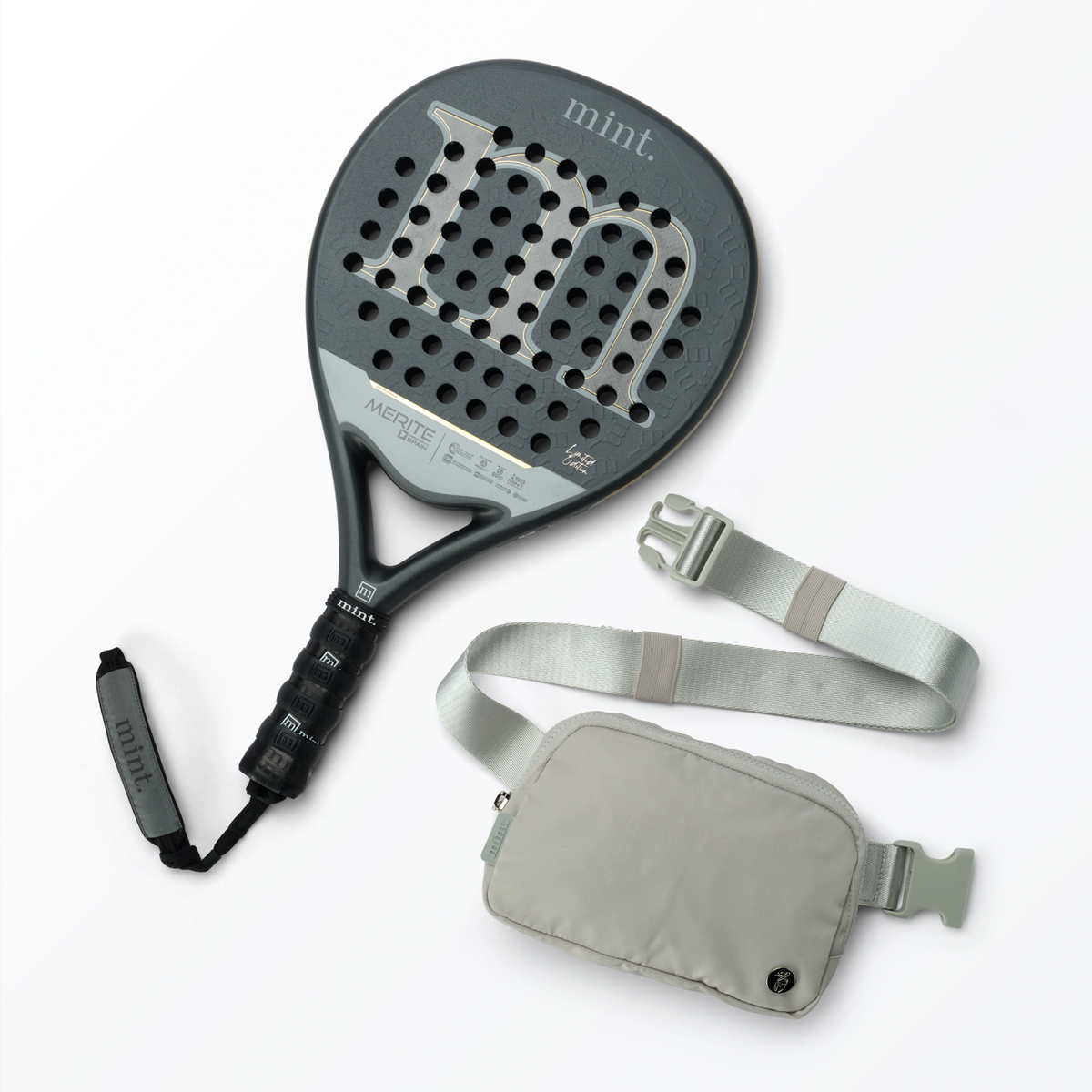 Mint Sport Merite padel racket with white belt bag on a white background