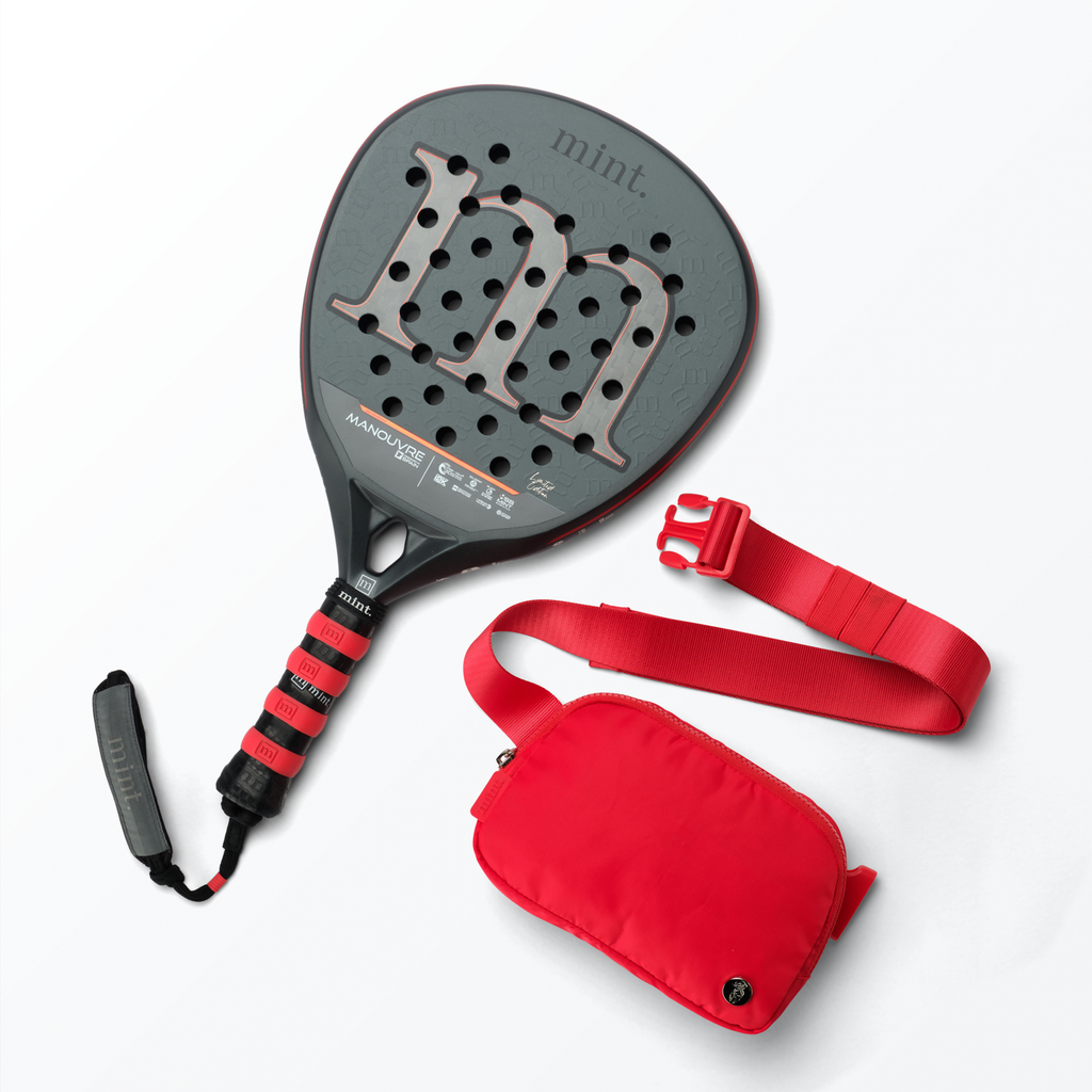 Mint Sport Manouvre padel racket with red belt bag on a white background