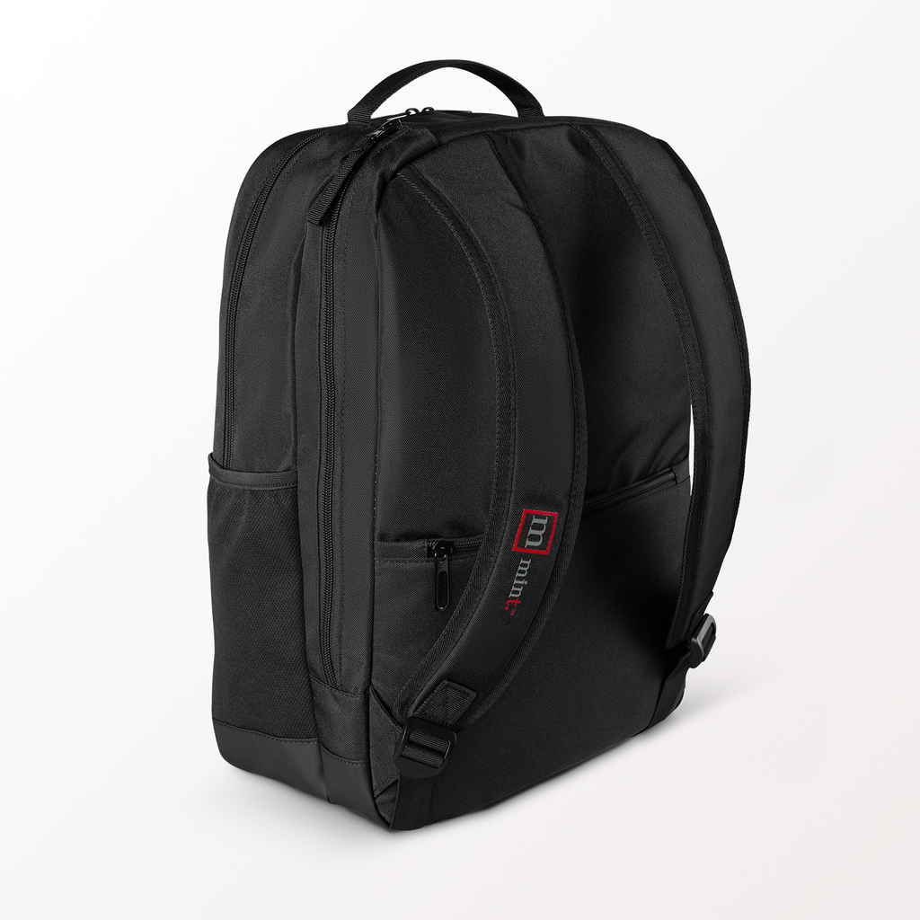 Black backpack with a visible brand logo on a white background