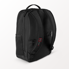 Black backpack with a visible brand logo on a white background