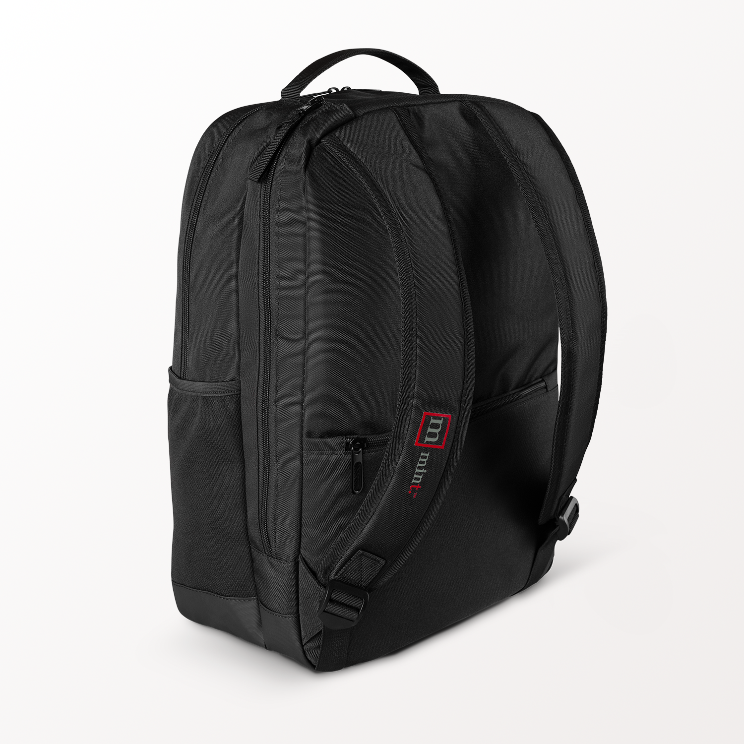 Black backpack with a visible brand logo on a white background