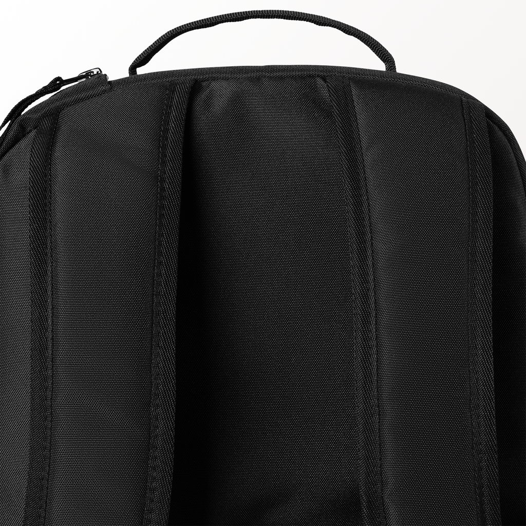 Close-up of a black backpack with a handle on a white background