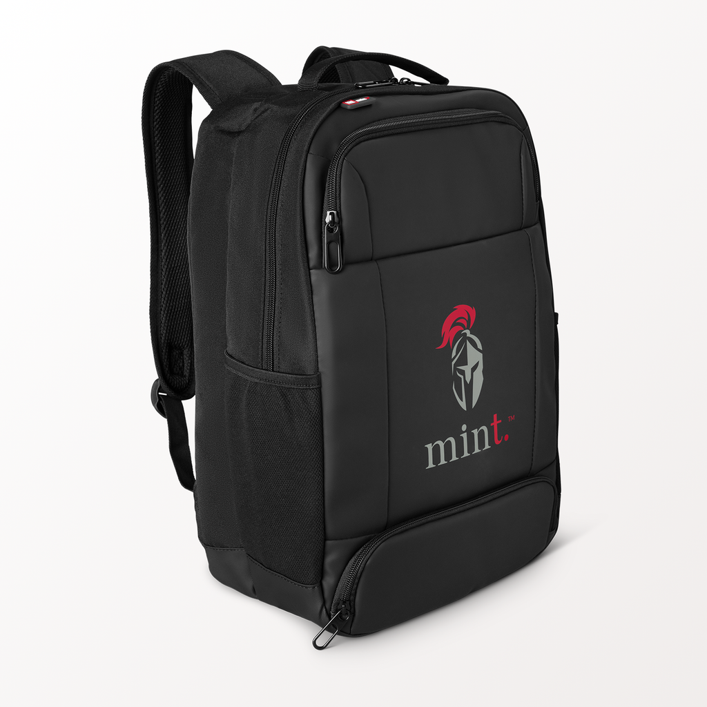 Black backpack with 'mint' logo on a white background