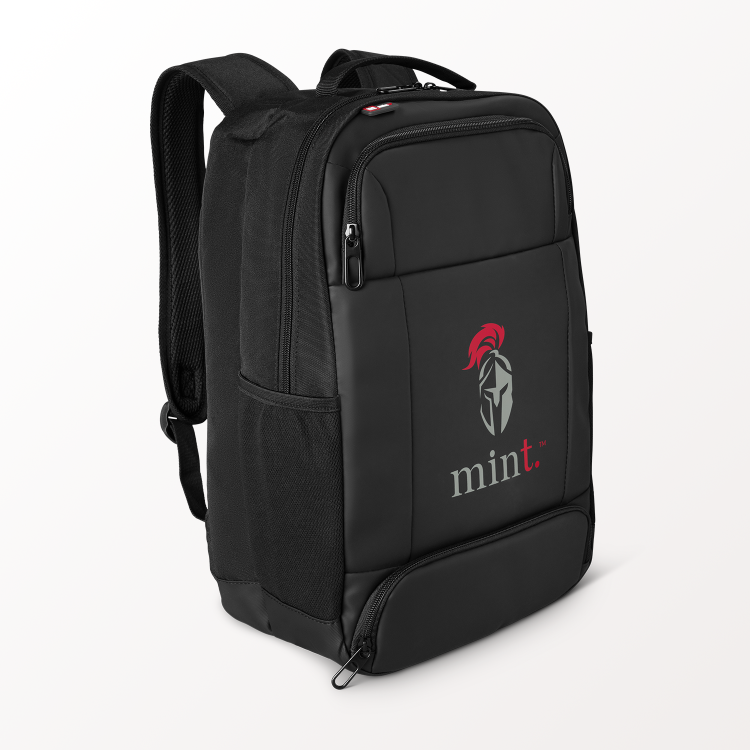 Black backpack with 'mint' logo on a white background