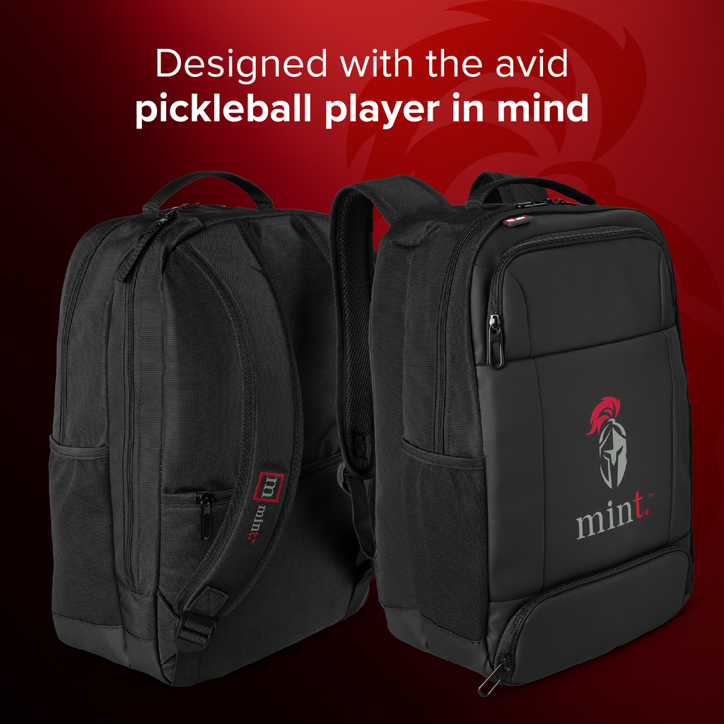 Black backpacks with a visible brand logo on a red background
