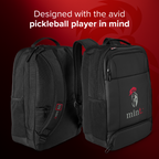 Black backpacks with a visible brand logo on a red background