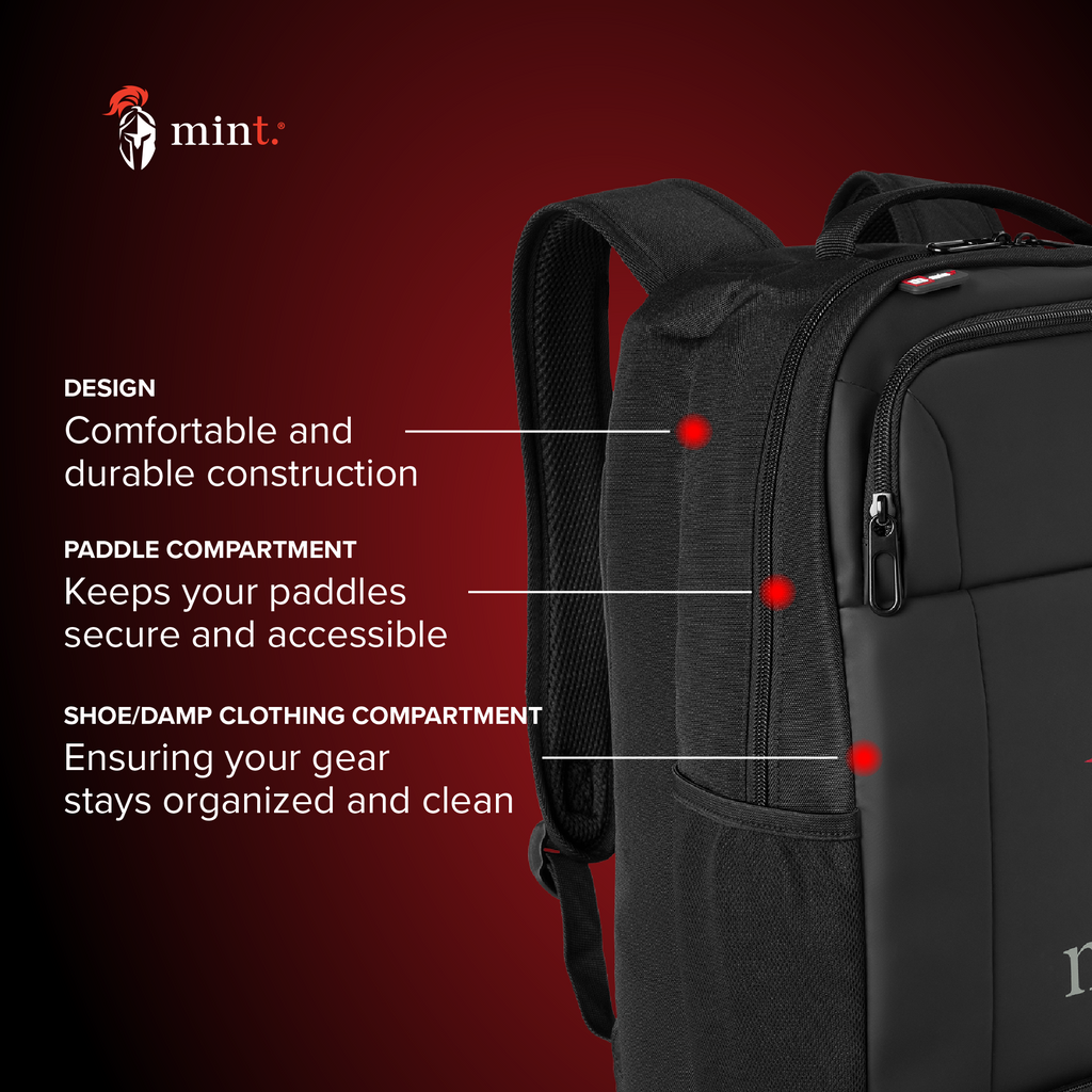Black backpack with features highlighted on a red background