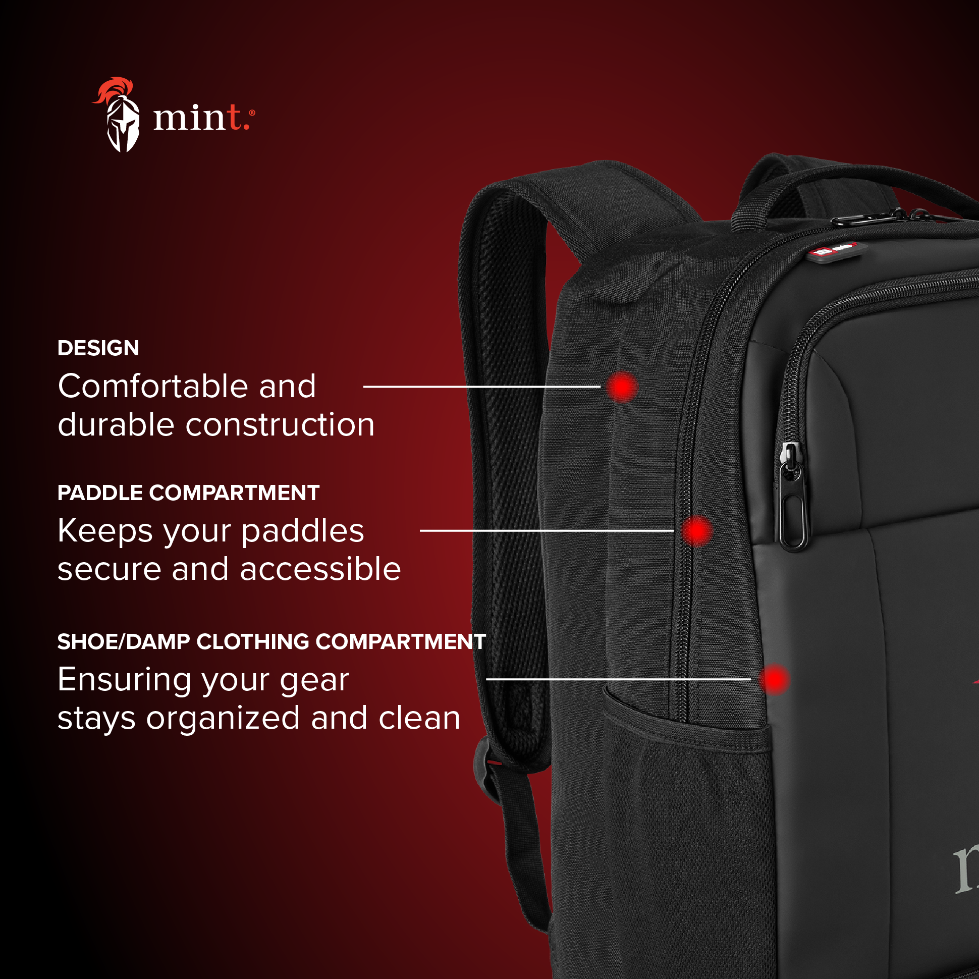 Black backpack with features highlighted on a red background