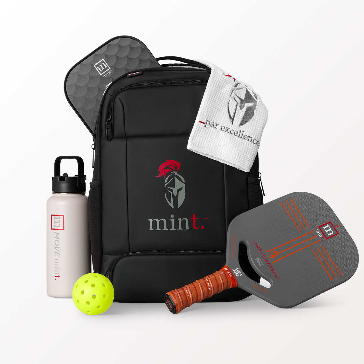 Black backpack with paddle, ball, water bottle, and towel on a white background
