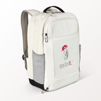 White backpack with a logo on a white background