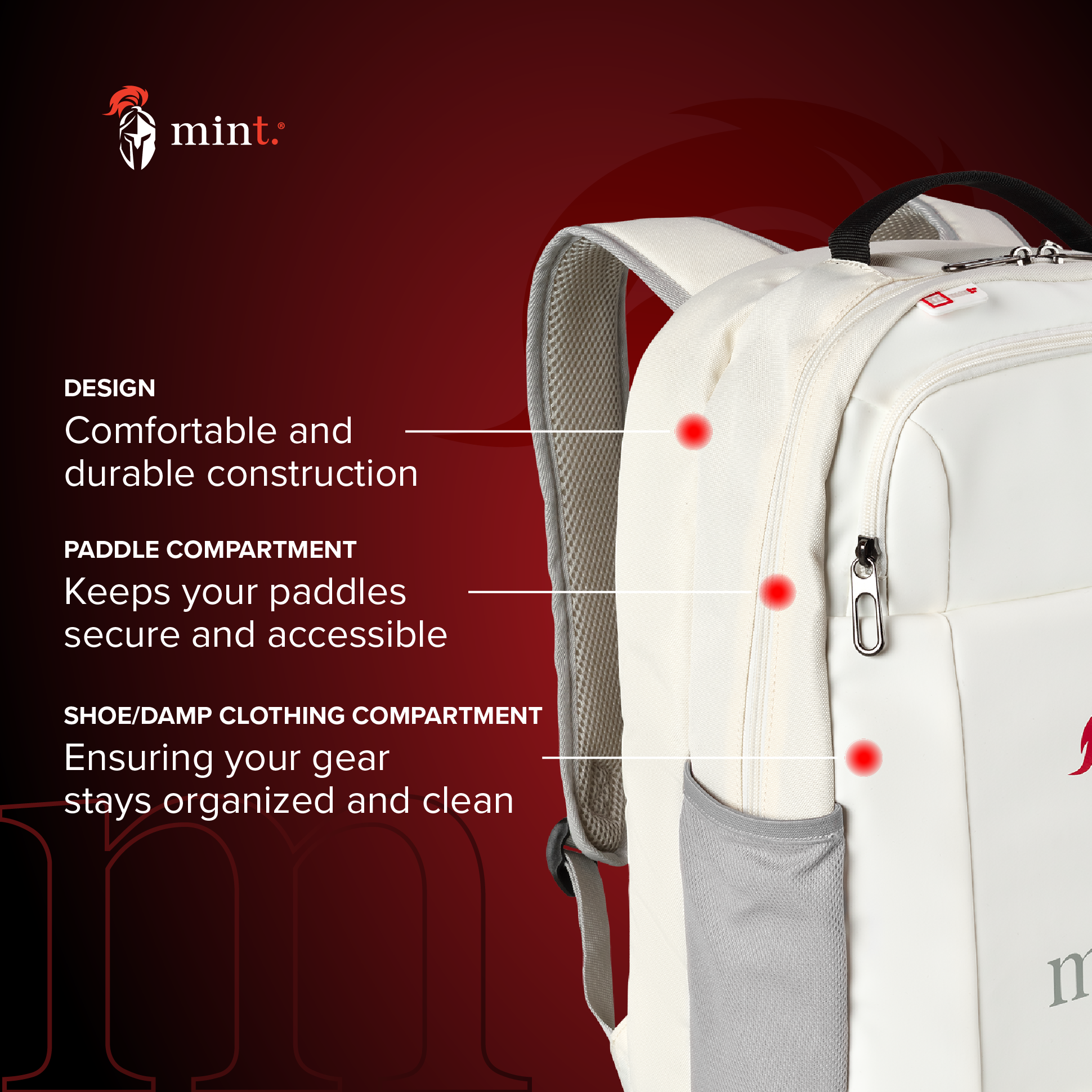 White backpack with features highlighted on a red background, featuring the brand 'mint'.