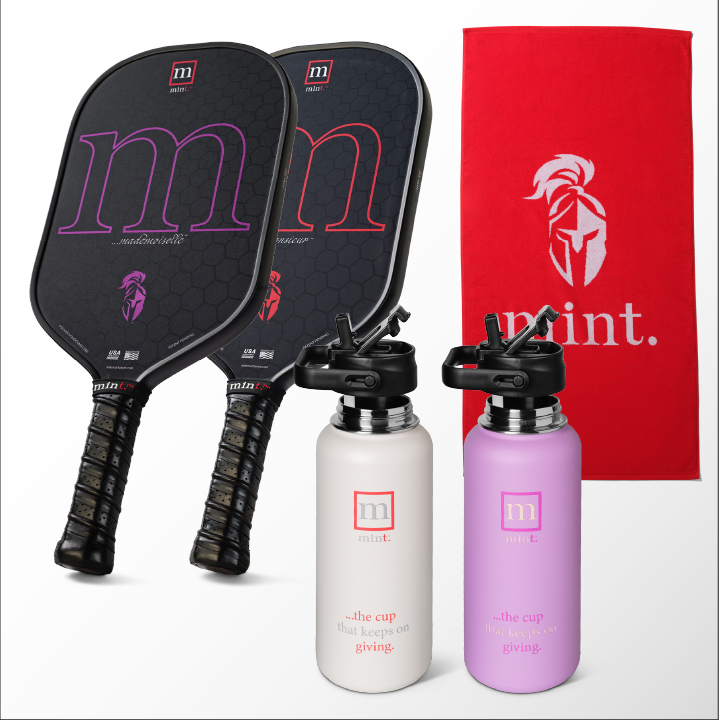 Two pickleball paddles, two water bottles, and a towel with a brand logo on a white background.