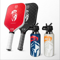 Two pickleball paddles and two branded water bottles on a white background